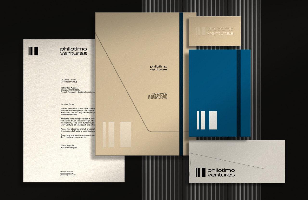 Philotimo Ventures, Brand identity · Application mockup